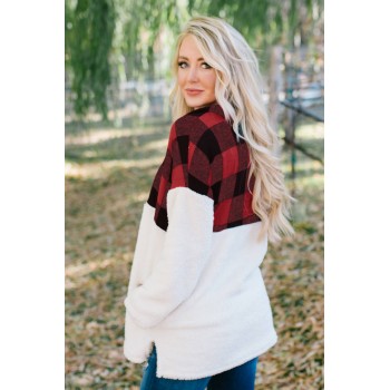 Black Fuzzy Pullover with Plaid Detail Green Red